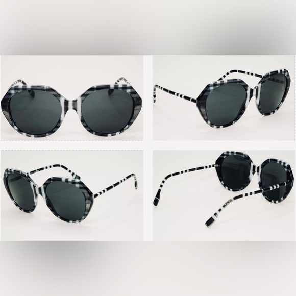 BURBERRY OVERSIZED BLACK AND WHITE CHECK PATTERN SUNGLASSES - Picture 9 of 16